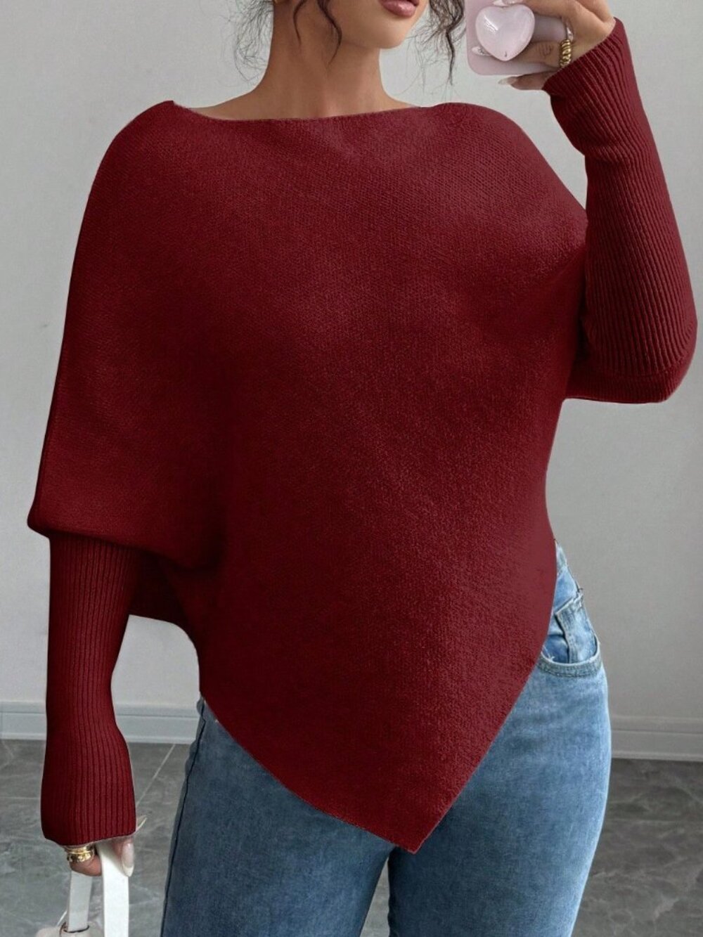 Burgundy Casual Women's Asymmetrical Rib-Knit Boat Neck Pullover